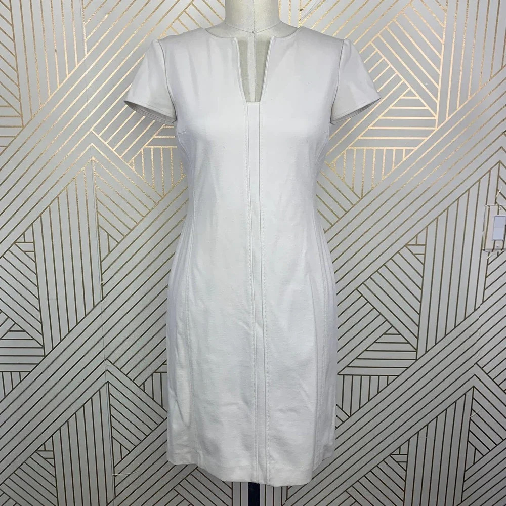 ROSSO35 Cream White Short Sleeve Classic Seamed Shift Dress Size 38 / US 2